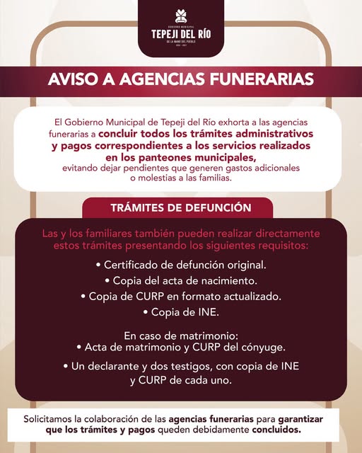 Gobierno de Tepeji del Río exhorta a agencias funerarias a regularizar trámites y pagos en panteones municipales